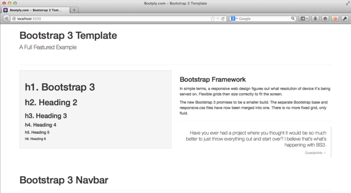 The Bootstrap 3 template's default home page